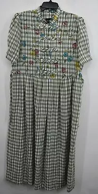 M.H.M Womens Short Sleeve Floral Print Green Plaid Long Tie Waist Dress 14 • $11.74