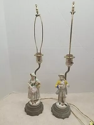 Vtg Antique Shabby Pair Of Victorian Porcelain Couple Figurine Lamps Metal Base • $39