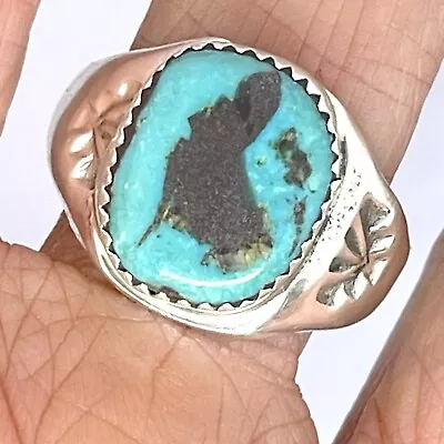 Natural Turquoise Pyrite Mens Ring Navajo Sz 11.5 Annie Lincoln Sterling Band • $94.94