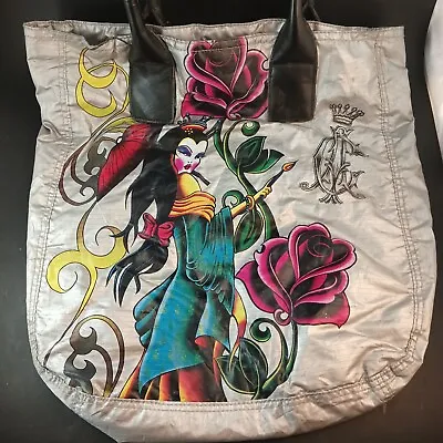 Christian Audigier Geisha And Rose Tote Bag Ed Hardy Silver W/Magnetic Closure • $19