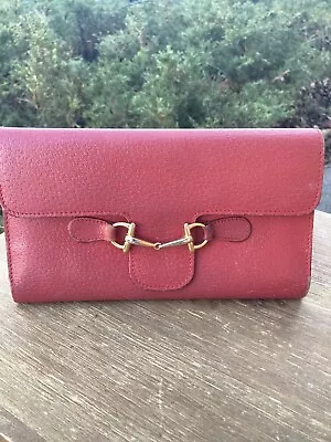 $124 • Buy Gucci Wallet Coral Red Horsebit Vintage Leather Flap Fold Over Wallet Authentic