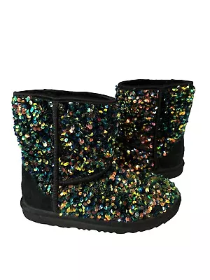 UGG Australia Classic Stellar Sequin Black Wool Mini Boots Shoes US 4 • $35.99