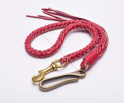 24  Motocyle Handmade Red Cowhide Leather Braided Trucker Wallet Chain Keychain • $12.34