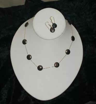$52 • Buy Elegant Black Peacock Coin Pearl Necklace Earrings 14K                          