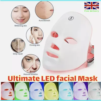 7 Colors LED Light Photon Face Neck Mask Rejuvenation Skin Therapy Wrinkles UK • £11.36