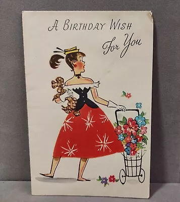 Vintage Birthday Card 1950s Well Dressed Girl With Puppy & Flowers Used • $4.95