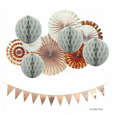 Paper Fan Bunting Honeycomb Pompoms BirthdayParty Decor (Glitter RoseGold Plus1) • £8.99