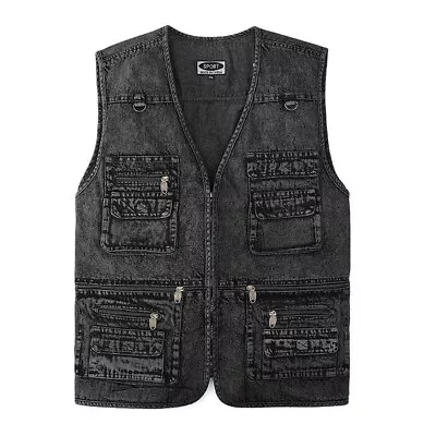 Mens Multi Pocket Denim Vest Sleeveless Trucker Biker Jeans Waistcoat Gilet UK • £14.40