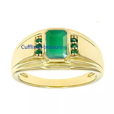 Natural Green Onyx & Tsavorite Gemstones 925 Sterling Silver Ring For Men's #334 • $90