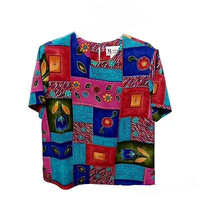 Vintage Maggie Sweet Short Sleeve Blouse-M-Back Button-Multi Color-Made USA-Bold • $11.99