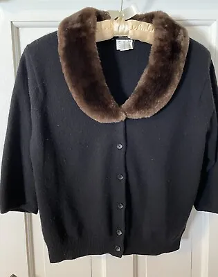 Vintage AIDA BARNI BERGDORF Black Cashmere Fur Trim Cardigan Sweater Small ITALY • $74.99