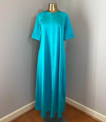 Vintage VANITY FAIR Gown LONG Nightgown SMALL Turquoise Blue Zip Robe Lingerie • $10