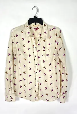 Merona Womens Button Up Bird Print Beige Long Sleeve Size Large • $11.66