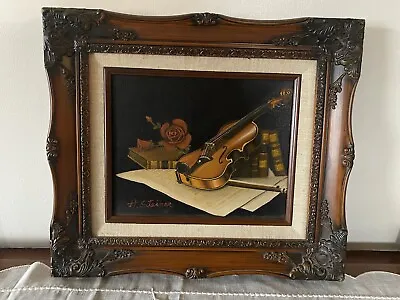 Vintage Violin Rose Painting By Henry Steiner 14 X 13.5  X 1”  Walnut Art Frame • $75