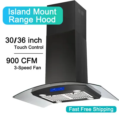 Island Mount Range Hood 30 36 Inch 900CFM Fan Kitchen Vent Tempered Glass Black • $278.99