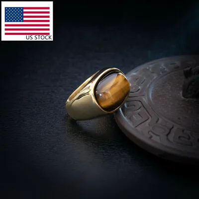 2 Colors Man Gold Plated Stainless Steel Solid Tiger Eye Oval Stone  Band Ring • $12.99
