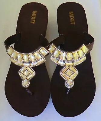 Mixit Women's Brown Gold Rhinestone Platform Wedge Sandal Flip Flops Size 10 • $12.99