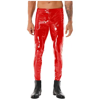 US Men Patent Leather Motorcycle Pants Stage Club Straight Leg Slim Fit Trousers • $18.53