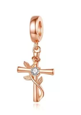 $28.50 • Buy ROSE CROSS S925 Sterling Silver Rose Gold Charm By Charm Heaven NEW