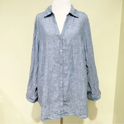 Sigrid Olsen Plus Size 100% Linen Button Up Tunic Shirt 1X Tab Sleeve • $17.16