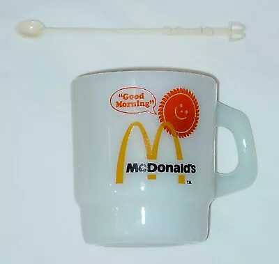 RARE 1970'S McDONALD'S ANCHOR FIRE-KING MILK GLASS COFFEE MUG & STIR STICK • $19