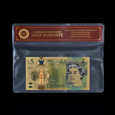 WR UK Britain £5 Pounds Color Gold Banknote Queen Elizabeth II Note /w Sleeve • $4.88