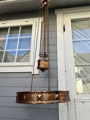 Antique Light Large Rise+Fall Gilt Brass Edwardian Very Original-Project Restore • £145