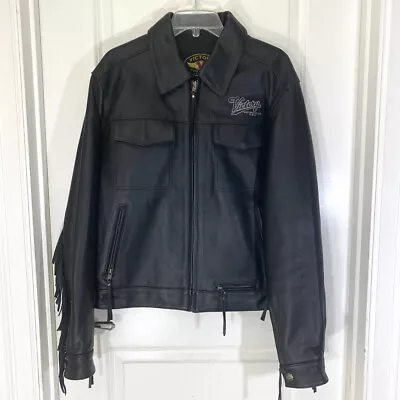 Victory Motorcycles Black Leather Fringe Sleeve 5 Front Pockets Jacket Size M • $160