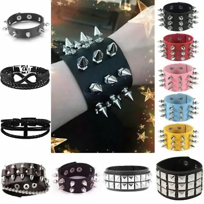 Gothic Punk Rivet Cuff Black Leather Bracelets Bangle Women Men Wristband Gifts • $3.16