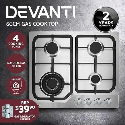 Devanti Gas Cooktop 60cm Gas Stove Cooker 4 Burner Cook Top Konbs NG LPG Steel • $197.95
