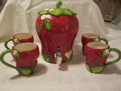 Martha Stewart Strawberry Beverage Dispencer 4 Mugs Ceramic Ladybug Cottage Core • $129.87