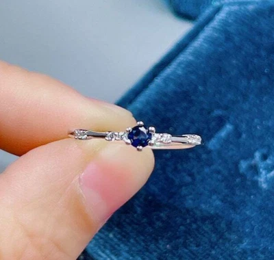 $985.57 • Buy 14K White Gold 0.50Ct Round Cut Natural Blue Sapphire Delicate Engagement Ring