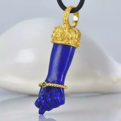 Gold Vermeil Sterling Mano Fico Figa Pendant Carved Lapis Lazuli Emerald 10.92 G • $159