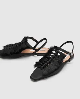 $30 • Buy Zara Tassel Sandals Black Shoe Sling Back With Fringe 40 8.5