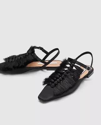 Zara Tassel Sandals Black Shoe Sling Back With Fringe 40 8.5 • $30