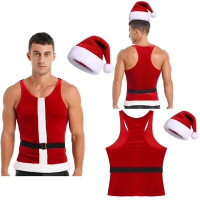 Mens Christmas Vest Santa Claus Role Play Outfits Sleeveless Tank Top With Belt  • $18.85