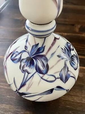 Victorian Hand Painted Satin Glass Milk Glass Bottle Vase Blue Iris Flowers 7” • $39.99