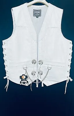 Mens White Original COW LEATHER Vest Chain Concho Motorcycle Biker Waistcoat • $199.99