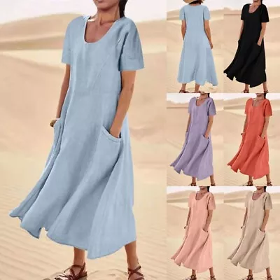 Ladies Maxi Dresses Scoop Neck Long Dress Women Loose Short Sleeve Holiday • $33.76