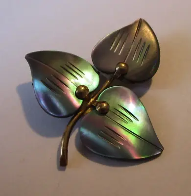 Lovely 3 Leaf Carved Abalone Shell Plant Brooch Goldtone Stem & Attachments • $6