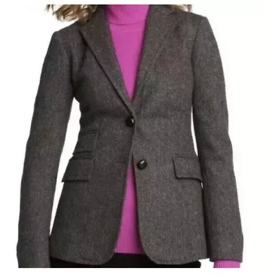 J.Crew Hacking Blazer Grey Herringbone Leather Buttons Wool Classy Stylish Sz 0 • $79