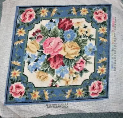 Vintage Needlepoint Floral Completed Canvas Bucilla Flowers Blue Pink Medallion • $24