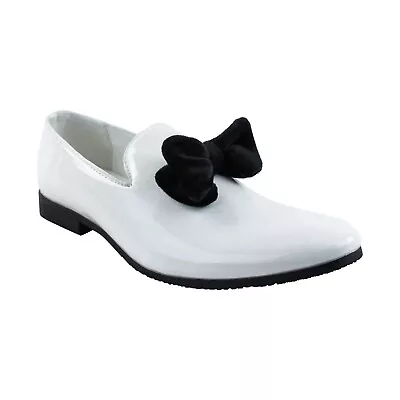 White Patent Slip On Loafers Bow Tie Top Tuxedo Dress Modern Shoes  By AZAR MAN • $29.99