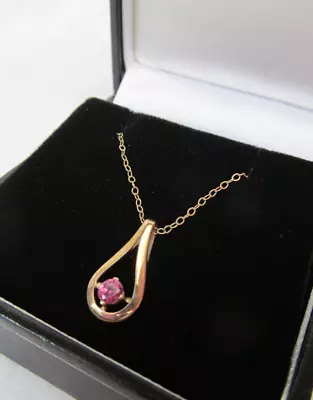 9ct Gold Ruby Pear Tear Drop Pendant With 18  Fine Trace Chain Boxed VGC 1.3gm • $6.17