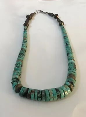 VTG Native American Sliced Turquoise Beads W/Hand-Made Sterling Beads Necklace • $325