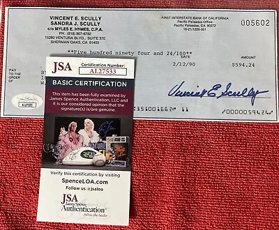 🔥 RARE LA Dodgers VIN SCULLY SIGNED CHECK  JSA COA GEM MINT AUTOGRAPH CERTIFIED • $274.95