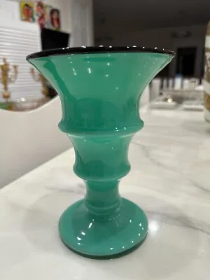 Vase Verre Opalin Vert Decor Filigrane Dlg Murano Venini Green Glass Vase 1950 • $250