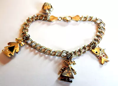 Vintage 925 Sterling Silver Italy SU Charm Bracelet Cat Heart And 2 Girls 7 Inch • $37.99