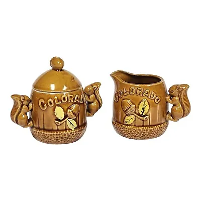 Vtg Colorado Ceramic Sugar Bowl  Lid & Creamer Squirrel Handles Acorns • $20.60