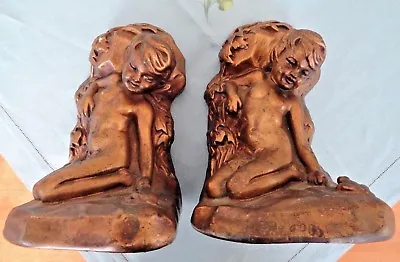 Pair Art Nouveau Book Ends Antique Armor Bronze S. Morani Child With Frog • $165